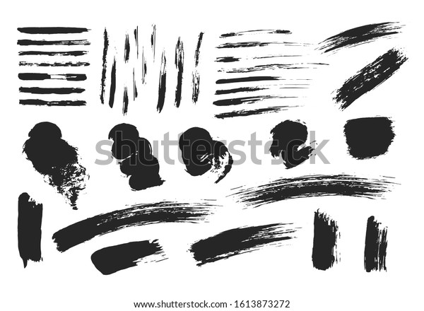 Grunge brush mascara, stamps and\
strokes. Vector paint stripes. Isolated dirty paintbrush frame set.\
Chinese rough box shapes. Torn smears. Distressed\
border.