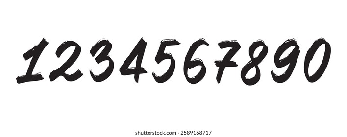 grunge brush numbers from 0 to 9 hand drawn italic hand written bold style. Graffiti style modern vector number elements. Typographic numbers brush texture. Vector illustration