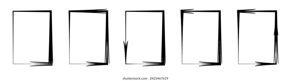 Grunge brush outline frames border set. Rectangle pencil frames border shape elements. Hand drawn sketch borders collection.