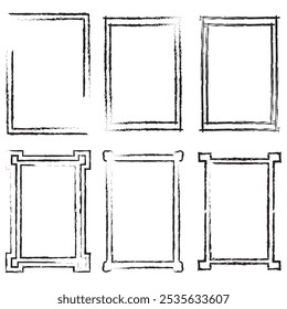Conjunto de quadros de contorno de pincel Grunge. Conjunto de quadros desenhado à mão. Elementos de forma de borda de quadros de lápis de retângulo. Ilustração de vetor de quadro de borda de retângulo preto.