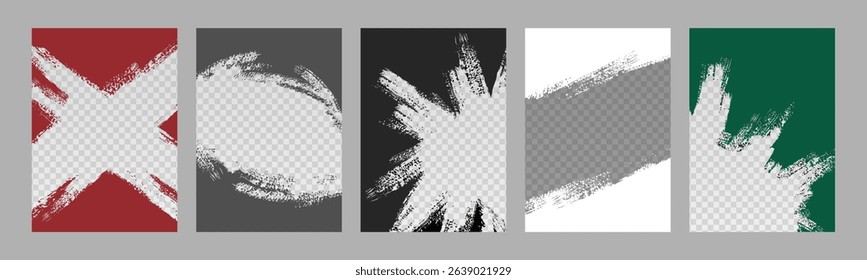 Grunge brush overlay. Colorful grunge frames with transparent center and rough brushstroke textures. Template for dynamic posters, ads, banners and photos. Urban street art style. Vector backgrounds.
