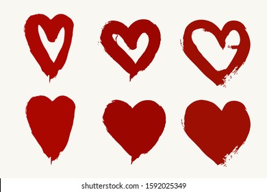 Grunge Brush Painted Heats. Vector Handdrawn Hearts. Bloody Hearts Hand Drawn. Vector Handdrawn Hearts Set.