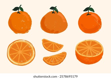 Grunge Brush Painted Oranges Set with Whole Citrus, Half Orange and Cut Slices. Chalk, grungy brush stroke painted tangerines set.