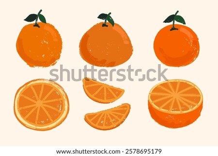Grunge Brush Painted Oranges Set with Whole Citrus, Half Orange and Cut Slices. Chalk, grungy brush stroke painted tangerines set.
