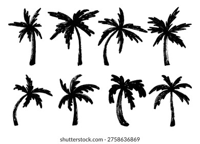 Grunge Brush Palm Trees Icon Set. Scribble ink coconut trees silhouettes. Tropical diverse trees, paintbrush hand drawn , dry ink painted, creative markers and crayons vectorsey. 