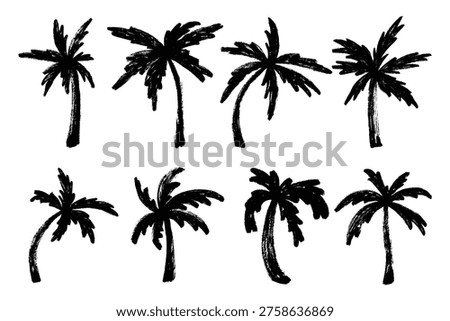Grunge Brush Palm Trees Icon Set. Scribble ink coconut trees silhouettes. Tropical diverse trees, paintbrush hand drawn , dry ink painted, creative markers and crayons vectorsey. 