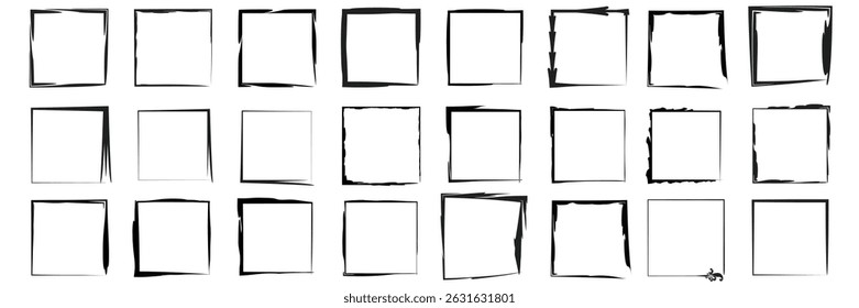 Pincel de grunge marco cuadrado borde dibujado a mano artístico conjunto de borde de pintura boceto decorativo forma abstracta colección de Ilustración vectorial.