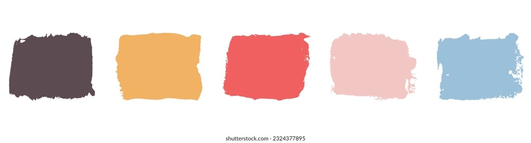 Grunge Brush in Square Shape, Paint Texture Set. Color Rectangle Ink Brushstroke, Dirty Distressed Paintbrush Collection. Rough Abstract Graphic Element. Isolated Vector Illustration.