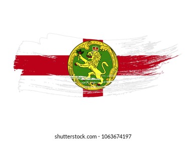 Grunge brush stroke with Alderney national flag. Watercolor painting flag of Alderney. Symbol, poster, banne of the national flag. Style watercolor drawing. Vector Isolated on white background.