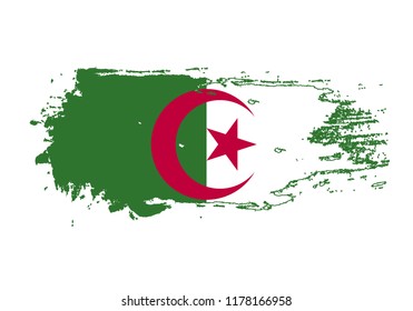 Grunge brush stroke with Algeria national flag. Watercolor painting flag. Symbol, poster, banner of the national flag. Vector Isolated on white background.