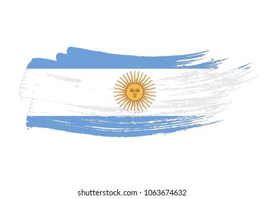 Grunge brush stroke with Argentina national flag. Watercolor painting flag of Argentina. Symbol, poster, banne of the national flag. Style watercolor drawing. Vector Isolated on white background.