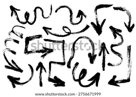 Grunge brush stroke arrows set. Vector bold brush hand drawn geometric and curved arrows. Rough charcoal arrows, pencil doodle direction symbols set.