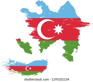 Grunge brush stroke with Azerbaijan national flag and contour map. Watercolor painting flag. 