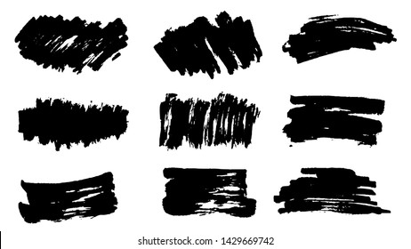 Grunge brush stroke background vector collection, set of black paint dab graphic design elements isolated on white. Paint brush dabs stains, banner label backgrounds