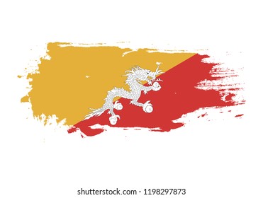 Grunge brush stroke with bhutan national flag. Watercolor painting flag. Symbol, poster, banner of the national flag. Vector Isolated on white background.