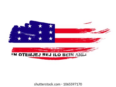 Grunge brush stroke with Bikini Atoll national flag. Watercolor painting flag of Bikini Atoll. Symbol, poster, banne of the national flag. Style watercolor drawing. Vector Isolated on white background