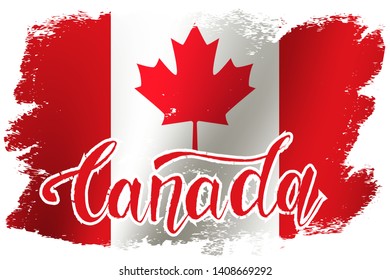 Grunge brush stroke with Canada national flag. Canada Day background with maple leaves in red. Decorative design elements for Canadian national holidays. Symbol of Canada.  Vector illustration