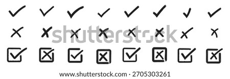 Grunge Brush Stroke Check tick mark and Cross Icon Set. Hand-Drawn Checkmarks, Cross box x, checkbox, Vote, yes, no, right, wrong doodle sketch style vector illustration