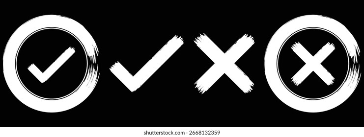 Marcas de seleção de traçado com pincel de grunge com símbolos de tique e cruz. Ilustração vetorial em estilo grunge verde e vermelho de dois ícones de caixa de seleção. Marca de seleção verde e ícone de cruz vermelha definido, círculo e cruz. Símbolo de marca 