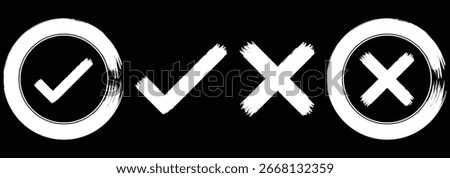 Grunge brush stroke checkmarks with tick and cross symbols. Green and re grunge style vector illustration of two checkbox icons. Green check mark and red cross icon set, circle and cross. Tick symbol 