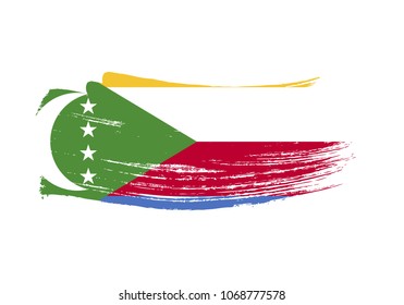 Grunge brush stroke with Comoros national flag. Watercolor painting flag of Comoros. Symbol, poster, banne of the national flag. Style watercolor drawing. Vector Isolated on white background.