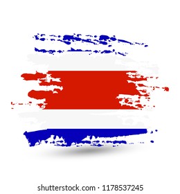 Grunge brush stroke with Costa Rica national flag. Style watercolor drawing. Vector isolated on white background.