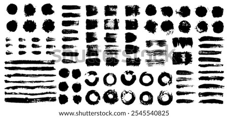 Grunge brush stroke. Dirty black ink brush lines for logo design, paint splash and spray banner, grungy brush art elements. Vector set.