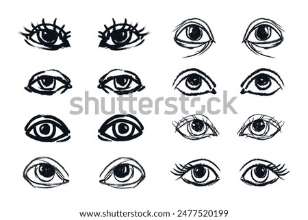 Grunge brush stroke eyes set. Ink grunge ophthalmologist symbols drawn with markers and crayons set