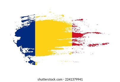 Grunge brush stroke flag of Romania with painted brush splatter effect on solid background