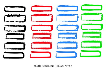 Grunge brush stroke frame set in black, red, blue, and green colors for design elements and text highlights
