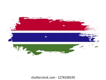 Grunge brush stroke with Gambia national flag. Watercolor painting flag. Symbol, poster, banner. Vector Isolated on white background.