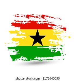 Grunge brush stroke with Ghana national flag. Style watercolor drawing. Vector isolated on white background.