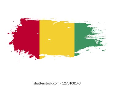 Grunge brush stroke with Guinea national flag. Watercolor painting flag. Symbol, poster, banner. Vector Isolated on white background.