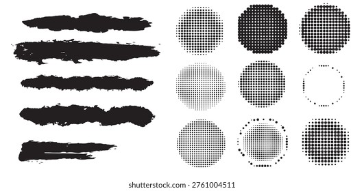 Grunge Brush Stroke And Halftone Circle Texture Element Set Design