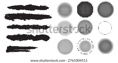 Grunge Brush Stroke And Halftone Circle Texture Element Set Design