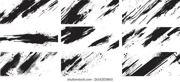 Grunge Brush Stroke and Halftone Splatter Texture Pack, Abstract Ink Smudge Vector Set