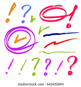 Grunge Brush Stroke .Hand drawing of different variations of exclamation mark, question mark, ticks