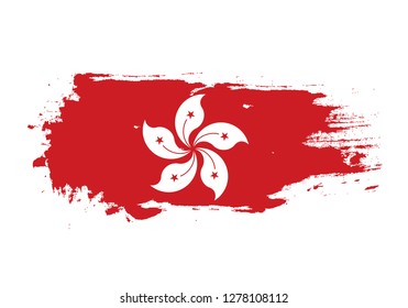 Grunge brush stroke with Hong Kong national flag. Watercolor painting flag. Symbol, poster, banner. Vector Isolated on white background.