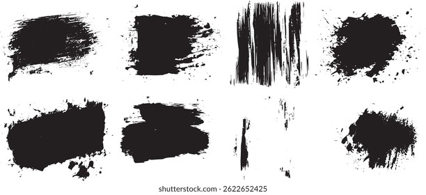 Grunge pincelada y tinta salpicaduras conjunto, Elementos de textura de pintura negra afligida para el arte y el diseño digital