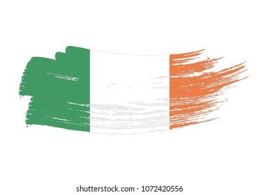 Grunge brush stroke with Ireland national flag. Watercolor painting flag of Ireland. Symbol, poster, banne of the national flag. Style watercolor drawing. Vector Isolated on white background.
