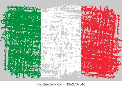 Grunge brush stroke with Italy national flag. Republic of Italy. Design of a symbol, poster, banner. Vector illustration on white background.