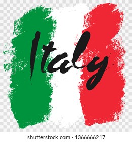 Grunge brush stroke with Italy national flag. Republic of Italy. Design of a symbol, poster, banner. Vector illustration on white background.