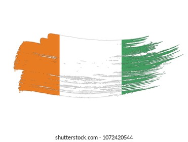 Grunge brush stroke with Ivory Coast national flag. Watercolor painting flag of Ivory Coast. Symbol, poster, banne of the national flag. Style watercolor drawing. Vector Isolated on white background.
