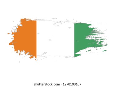 Grunge brush stroke with Ivory Coast national flag. Watercolor painting flag. Symbol, poster, banner. Vector Isolated on white background.