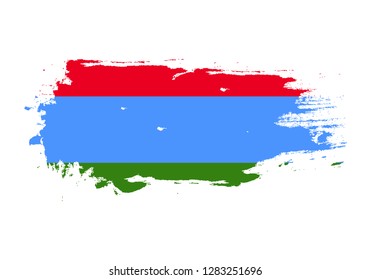 Grunge brush stroke with Karelia national flag. Watercolor painting flag. Symbol, poster, banner. Vector Isolated on white background.