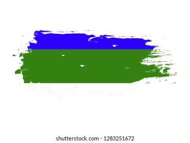 Grunge brush stroke with Komi national flag. Watercolor painting flag. Symbol, poster, banner. Vector Isolated on white background.