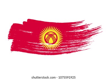 Grunge brush stroke with Kyrgyzstan national flag. Watercolor painting flag of Kyrgyzstan. Symbol, poster, banne of the national flag. Style watercolor drawing. Vector Isolated on white background.