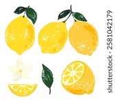 Grunge Brush Stroke Lemon fruits set. Creative grungy brush painted lemons, whole lemon fruits, flower, leaf, lemon slices and half cut lemon.