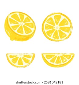 Grunge Brush Stroke Lemon fruits set. Creative grungy brush painted lemons, half lemon fruits and lemon slices set. Fresh lemons for juice and lemonade products.