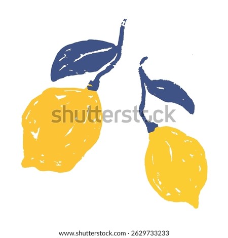 Grunge Brush Stroke Lemon set. Creative grungy brush sketch painted lemons, whole lemon fruits. For design, stickers, decoration, paper